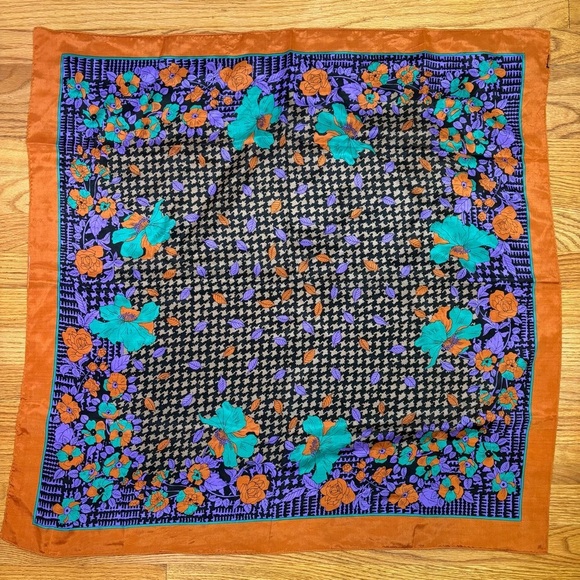 Vintage 80s 90s Square Silk Scarf Houndstooth Autumn Fall Leaves Rose Floral - Picture 4 of 14